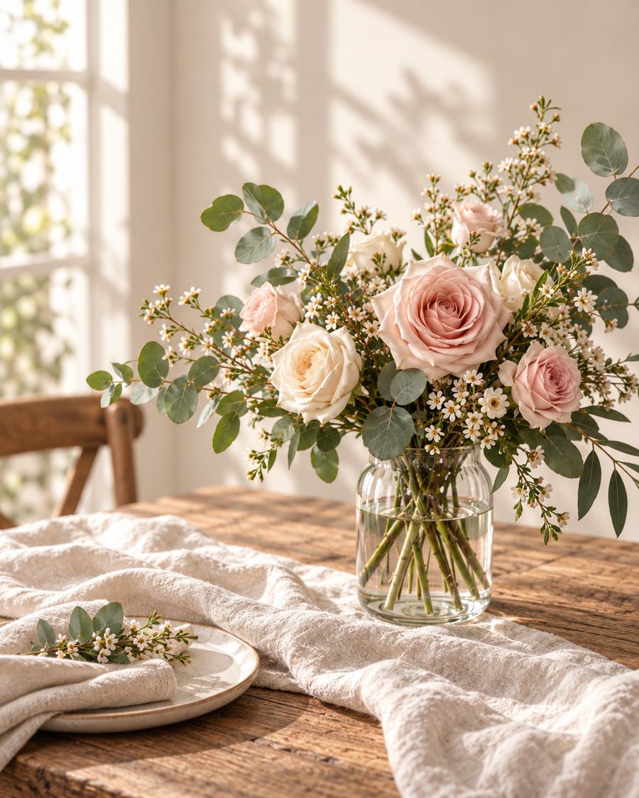 Blush and ivory roses with eucalyptus and waxflower in a clear glass vase on an oak table
