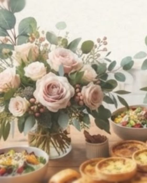 Illustrated vase of blush roses and eucalyptus from the Buffet & Blooms menu artwork