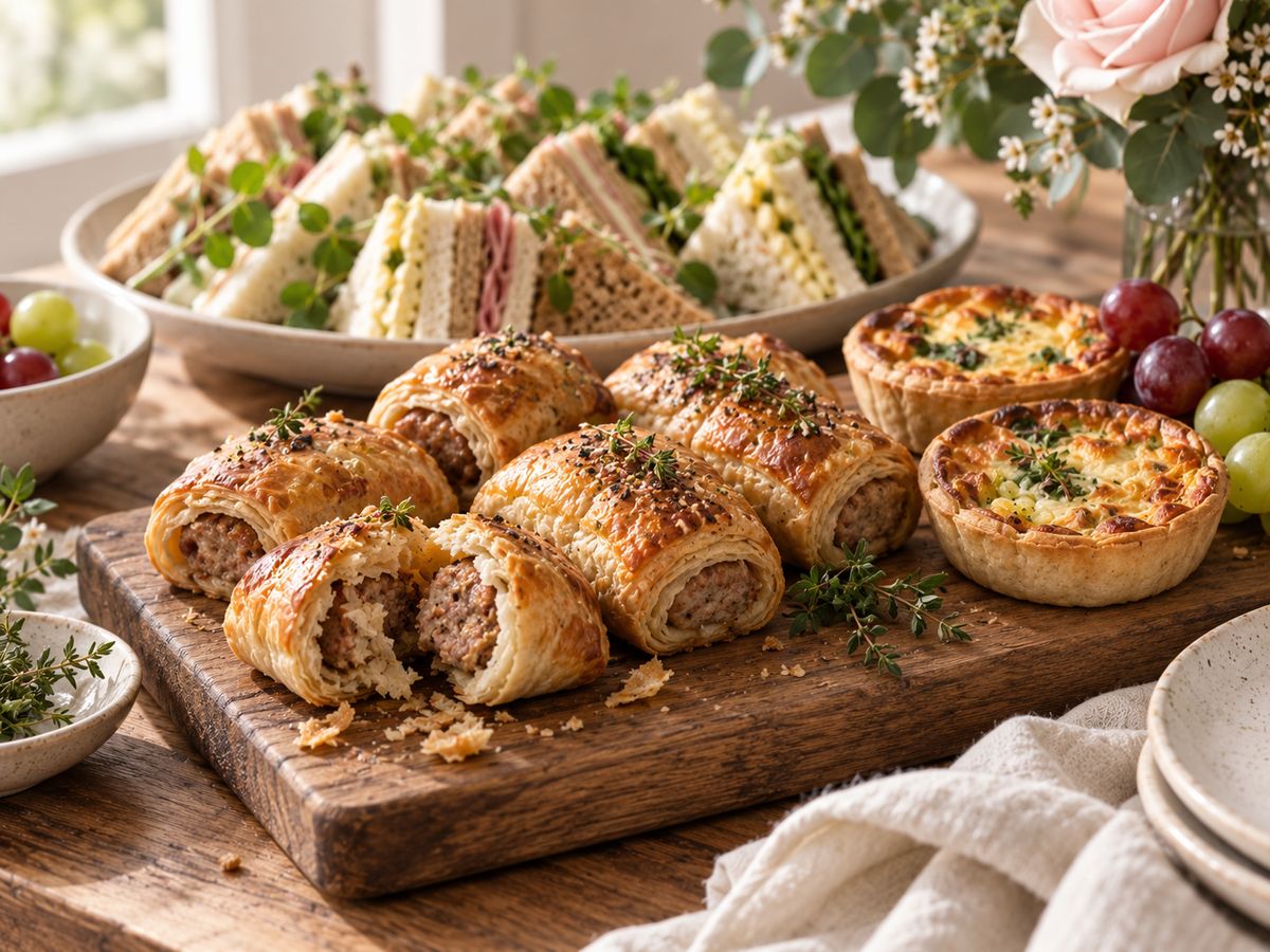 Golden sausage rolls, quiches and sandwiches set out on an oak board, with grapes and blush roses behind